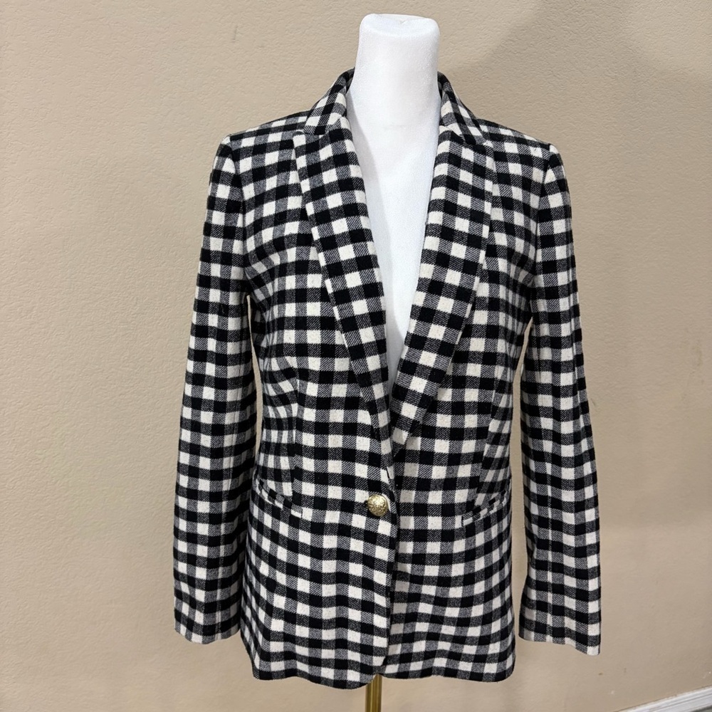 J Crew Sz 4Trendy Chic Black/Ivory Buffalo Check Wool-Blend Blazer Accademia